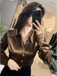 Lustrous Silk Satin Long Sleeve Shirt Womens Spring Autumn New Style Glossy High-End Anti-Wrinkle Iron-Free Slimming Top