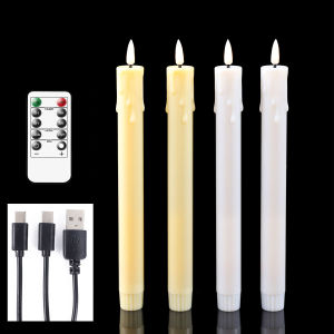 2 or 4 Pcs Flameless 10 Inch Remote LED New Year Decorative Taper Candles USB ChargeWarm White Plastic Rechargeable Candle Room