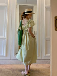 Elegant French Style Sweet Summer Green Dress Womens Fashion Bubble Sleeve Dresses Gentle Wind Midi Skirt Polyester Fiber