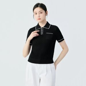 Slim Fit Ice Silk Polo Neck Knitted Top Short Sleeve T-Shirt Womens Fashion Commute Style Regular Sleeve Length Henry Shirt Collar