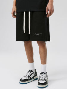 ATRY Mens Elastic Waist Shorts Drawstring Knitted Five-Quarter Length Casual Summer Loose Fit American Street Style