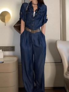 Hong Kong European Style Short Sleeve Denim Jumpsuit Womens Spring Summer Loose High Waist Slim Straight Casual Wide Leg Long Pants