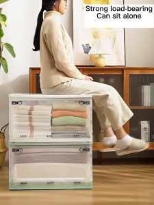 【VIDKHSY Store】56L Large Capacity Foldable Cabinet/Storage Box with Wheels & Double Doors | Easy to Move Transparent Clothes Organizer for Wardrobe Toys Books