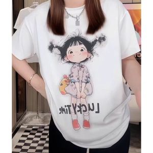 Summer Cotton Short Sleeve T-Shirt Womens Loose Fit Retro Hong Kong Style Chic Design Trendy Casual round Neck Top