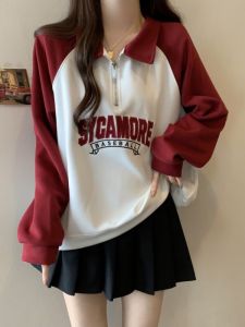 เสื้อฮู้ดมีซิปครึ่งตัวแขนยาวคอโปโลสไตล์อเมริกันสำหรับผู้หญิงไซส์ใหญ่ เสื้อชั้นในฤดูใบไม้ผลิและฤดูใบไม้ร่วง