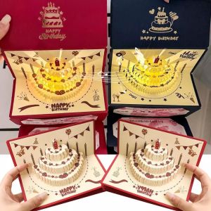 3D Birthday Cake Red Envelope Surprise Music Lighting Blessing Greeting Cards Creative Pop-up Folding Red Paper Good Luck Gifts