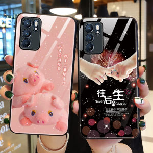 Oppo Reno6 pro 5G Glass Silicone Phone Case Full Edge Protection Soft Shell Anti Slip Cute Pig Design for Men And Women