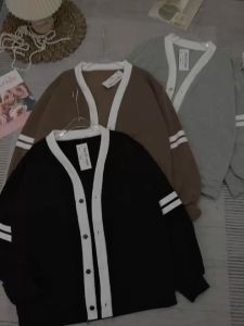 Ảnh thật) Áo khoác cardigan nỉ cotton 2 sọc cổ V cuusc cài form rộng nam nữ siêu đẹp dễ mĩ đồ sanh chảnh