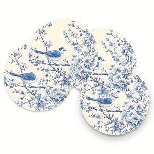 VIKAMA 4PC Blue and White Flower and Bird Meal Mat Chinese Rural Style Table Decoration and Accessories