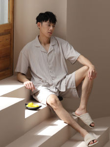 ชุดนอนผู้ชาย ชุดนอนฤดูร้อน ผ้าฝ้ายแท้ แขนสั้น กางเกงขาสั้น บาง ใส่ไปข้างนอกได้ ชุดอยู่บ้านระดับไฮเอนด์ ชุดนอนผู้ชาย