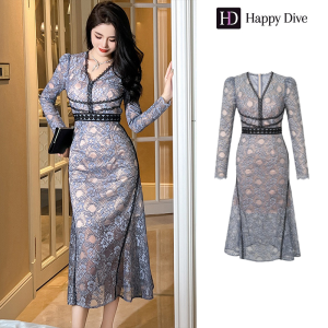 Happy Diva เดรสผู้หญิง เดรสแขนยาว เดรสหางปลา เดรสลูกไม้ เดรสไฮโซ เดรสวินเทจ เดรสออกงาน เดรสปาร์ตี้ เดรสฝรั่งเศส 20910