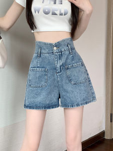 High-Waist Plus-Size A-Line Cotton Denim Shorts for Women with Multiple Pockets and Button Details in Light Color