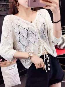 Spring Summer New Loose V-Neck Drawstring Hollow Knitted Sweater Overhead Short Thin Womens Slimming Korean Style Top