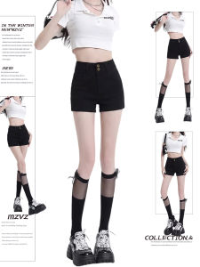 MZVZ | Vintage Black High Waist Slim Fit Denim Shorts 2 Buckles