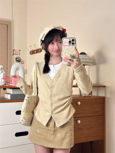 Layering Knitwear Cardigan Womens Gentle Personality V-neck Long Sleeve Color Block Fake Two-Piece T-shirt Button Design Polyester Fiber