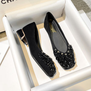 MIFEI | French Crystal Thick Heel Square Toe Flat Shoes