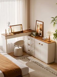 YANGYING | Creamy Style Corner Small Bedroom Dressing Table with Storage and Mirror