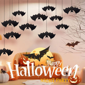 YESPERY 8pcs Halloween Hanging Bat Paper Banner with Rope Garland Scary Bat Pendant Ornament Happy Halloween Party Decorations for Home