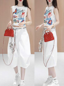 Shalldoer | Summer Anti-Aging Graffiti Print Sleeveless Casual Wide Leg Pants Womens Two-Piece Set Fashionable Design Sense Round Neck