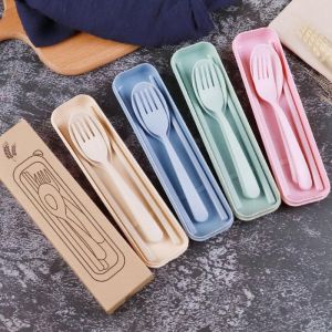 WestGoods Wheat Straw Cutlery Set Fork Spoon Chopsticks with Case Student Office Travel Portable 3 Pcs/Set