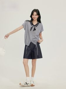 Chang Dou Dou Silk Scarf Polo Neck Knitted Short Sleeve Summer Thin Design Sense Ice Silk Womens Top Drawstring Hem