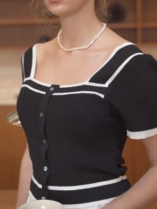 ⚡port⚡ blouses women new style 2025 Fashion womens Square neck stripe elegant knitted croptop korean style button down black white blouses
