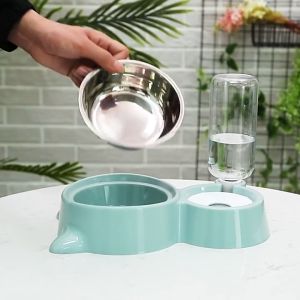 ชามอาหารสัตว์เลี้ยง ขามน้ำอัตโนมัติ - เหมาะสำหรับ แมว สูง สุนัข ฐานรูปหูแมว ชามสแตนเลส ถาดใส่ข้าวและน้ำอัตโนมัติรูปหูแมว