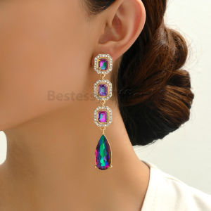 ต่างหูห้อยยาวทำจากแก้วหลากสีสำหรับผู้หญิงยุโรปอเมริกาของขวัญชิ้นใหญ่เครื่องประดับแฟชั่นทรงเรขาคณิตที่นิยมเกินจริง