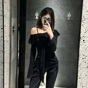 BINKAFENNY | Korean Style Long Sleeve Black One Shoulder Knitted Sweater Womens Slim Fit Design Sensual Pleated Edge Summer Top