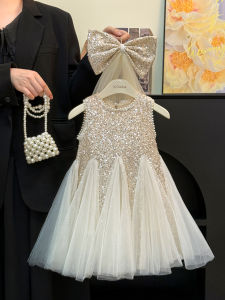 Girls Summer Fashionable Mesh Skirt Dress Sparkling Princess Dress Breathable Lightweight Childrens Clothing Soft round Neckline