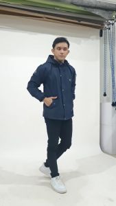 Jaket Pria Semi Parka Taslan Waterproof: Jaket Parasut Hoodie Simple Hoxer Navy