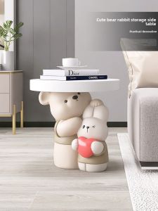 Cute Bear Heart Rabbit Small Coffee Table Shop Opening Gift Sofa Side Table Bedside round Table Artistic Style Resin Material