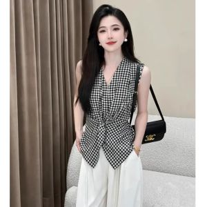 XUECAIQI | Slim Waist Checkerboard Sleeveless Top Wide Leg Pants Set
