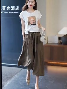 ผ้าไหมน้ำแข็งขากว้างกางเกงผู้หญิง 2024 ฤดูร้อนใหม่เอวสูงสไตล์เกาหลีสบายๆกางเกงหลวมบางculottes