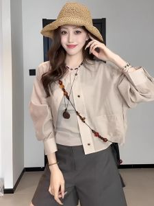 เสื้อเชิ้ตแขนยาวผ้าไหมฝ้ายสไตล์ฝรั่งเศสย้อนยุคสำหรับผู้หญิง ฤดูร้อน 2025 ทรงหลวม แขนสั้น ป้องกันแสงแดด เสื้อคลุมกันหนาว