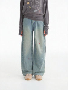 LOVESASAKIDS | Vintage Blue Wash Denim Colorful Rhinestone Long Legs Loose Straight Pants