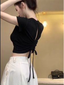 American Style Short Sleeve T-Shirt Women Summer Design Slim Fit Sweet And Spicy Short French Waist Capping Top round Neck