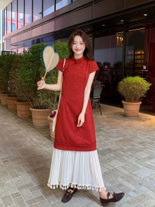 YUFUQING | New Chinese Style Red Retro Stand Collar Buttoned Cheongsam Dress Women Summer New Arrival High-End Long Skirt Polyester Fiber