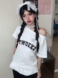 Retro American Shoulder T-Shirt Womens Summer Letter Print White Loose Spicy Shoulder Top Cotton Creative Commute Style