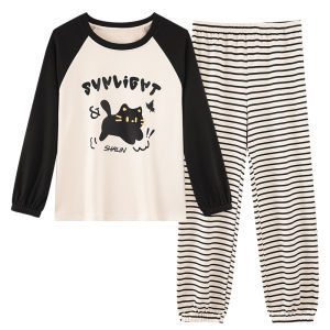 Bộ đồ ngủ dài tay nữ MiiOW Catman vải cotton có đệm ngực mặc ở nhà hình hoạt hình - mùa thu
