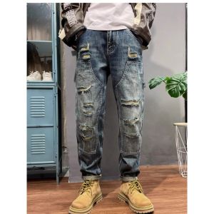 Trendy Brand Mens Loose Straight Leg Jeans with Patchwork Washed Pockets Decorative Workwear Straight Leg Pants