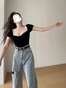 Black Knitted Square Collar Short Sleeve T-Shirt Womens French Style Slim Fit Shirt Exposing Clavicle Summer Fashion Top