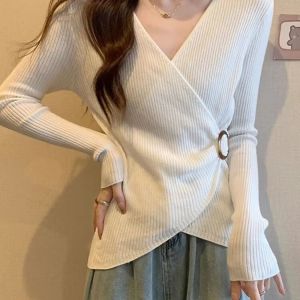 COD Large size design sense front shoulder long sleeve knitted sweater womens early autumn irregular fat mm meat cover and thin inner bottom topGFDAGDA