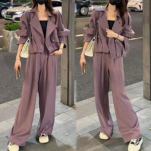 Shalldoer | Fashionable Chic Womens Spring Autumn Set With Glittering Drill Wide Leg Casual Pants And Coat Two Piece Set High Waist