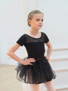 daydance | Girls Black Ballet Leotards Kids Lace Splice Dance Wear Short Sleeve Gymnastics Bodysuit for Dancing