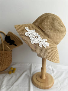Elegant Lace Foldable Wide Brim Sunshade Straw Hat for Women Vintage Outing Beach Cap Fisherman Hat Spring Summer Autumn