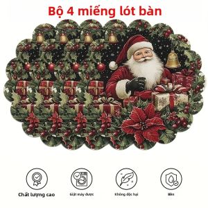 VIKAMA 4/6PC Chủ Đề Ông Già Noel Tấm Lót Đĩa Viền Lượn Sóng Trang Trí Bàn Tiệc Giáng Sinh Polyester Dễ Chăm Sóc Chống Mài Mòn