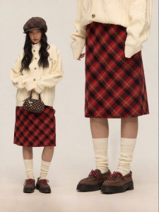 JNXS | Chân Váy Đơn Giản Caro Đỏ Tweed
