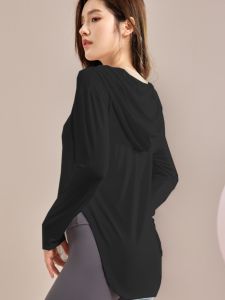 Long Sleeve Yoga Sportswear Womens Fitness Running Loose Fashionable Hooded Top Button Design Arc Hem Line Cotton Polyester Blend