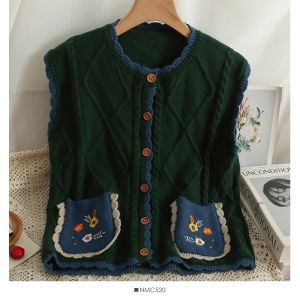 Retro Hong Kong Style Loose Fit Plaid Slimming Womens Vest Embroidered round Neck Single Button Open Cardigan Shoulder Pad